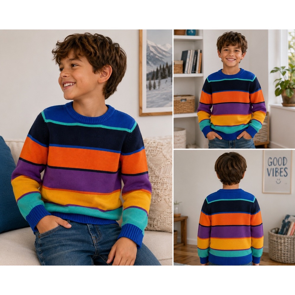 Lands End Kids Multi Color Striped Knit Crewneck Sweater RLE-89K Size M 8
